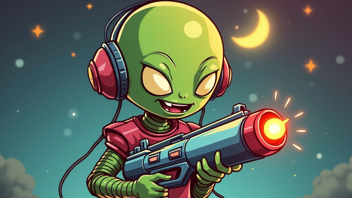 Alien holding a laser gun in retro and cartoonish style.