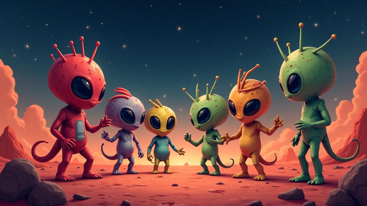 Alienígenas celebrando em Marte sob um céu estrelado
