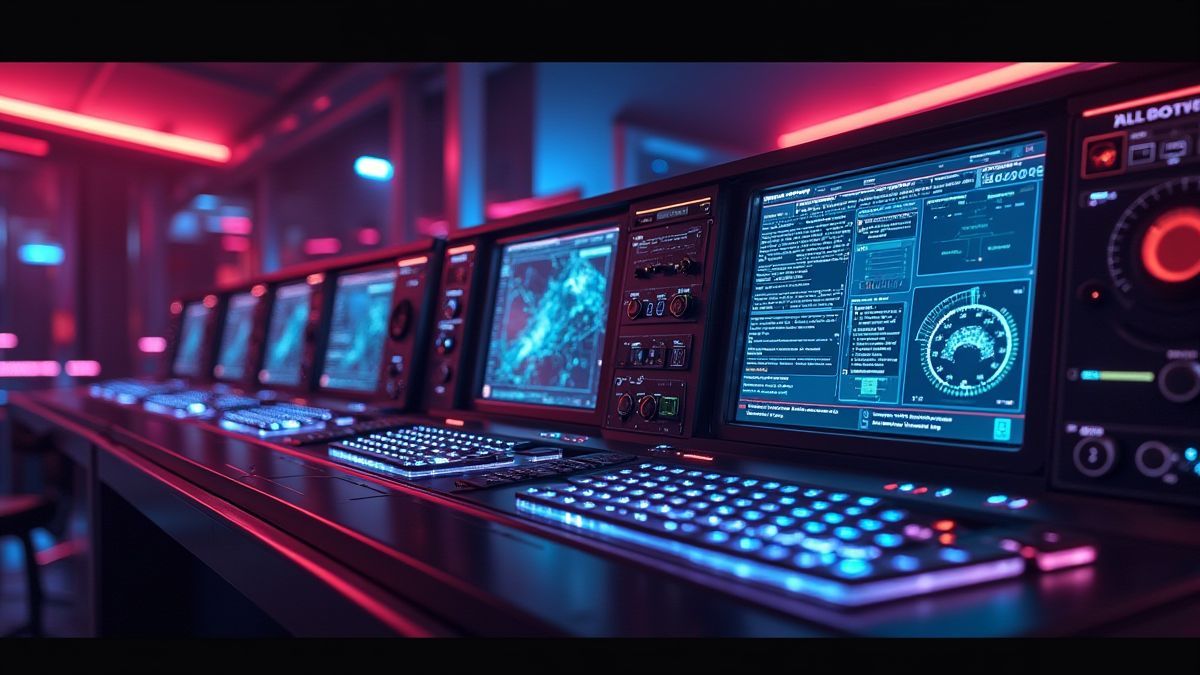 Painéis de controle futuristas com luzes de néon