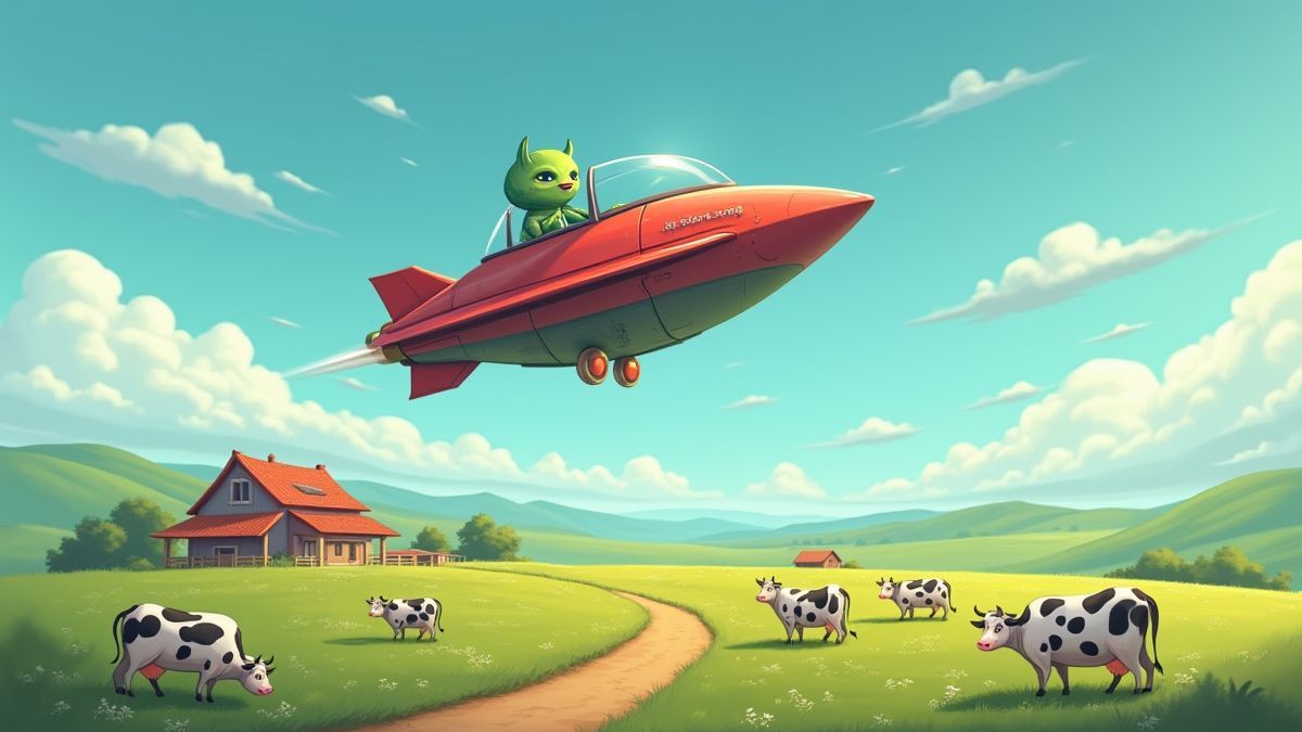 Una nave alienígena sobrevolando una granja con vacas.