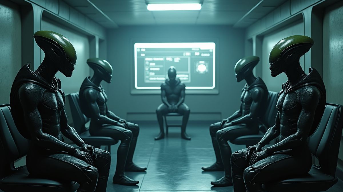 Una sala futurista donde alienígenas se camuflan entre humanos.