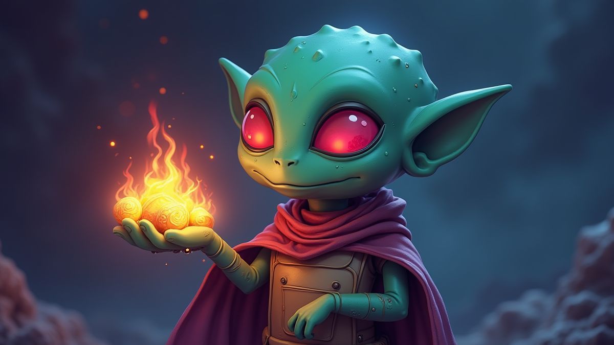 Un alienígena animado sosteniendo tesoros brillantes