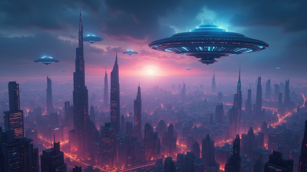 Een futuristische stad met neonlichten en vliegende schotels.