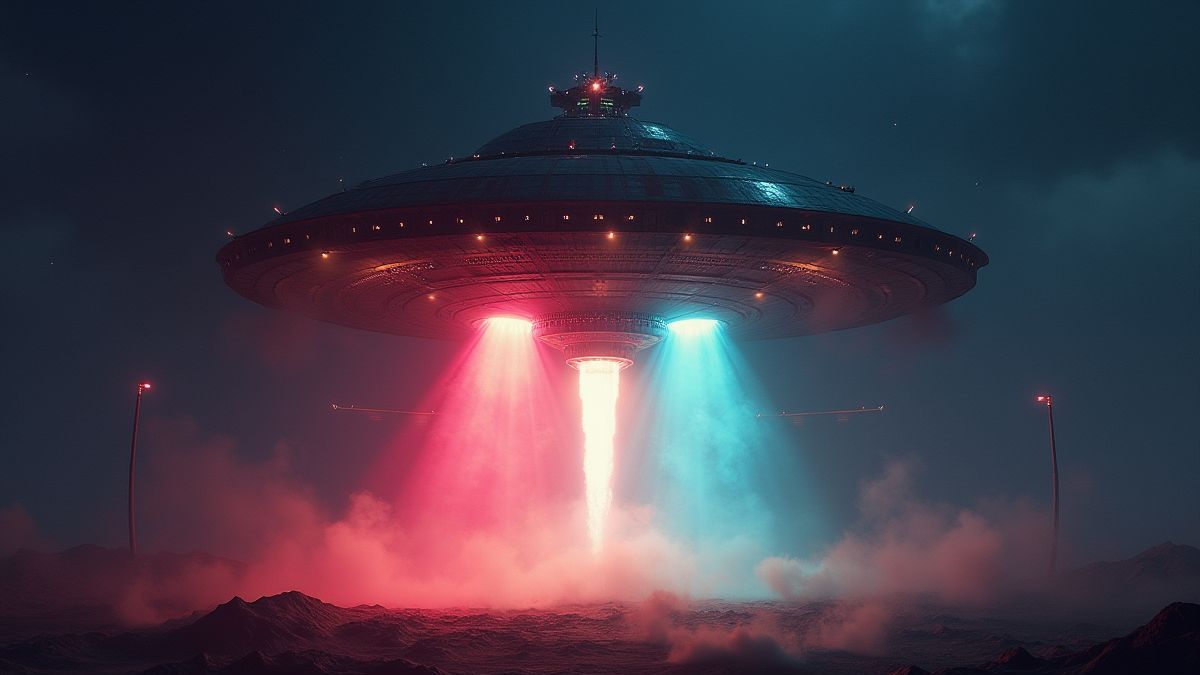 Een buitenaardse ruimteschip dat kleurrijke stralen licht naar de grond schiet.