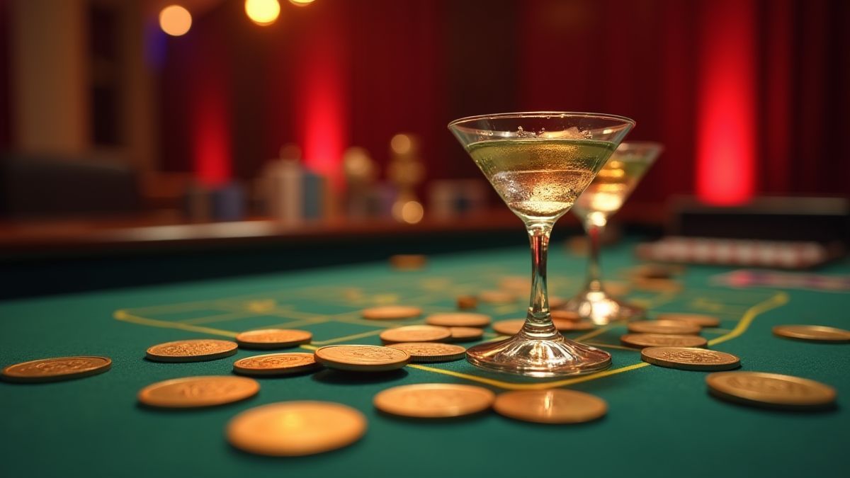 Monedas animadas y copas de Martini sobre una mesa de casino.