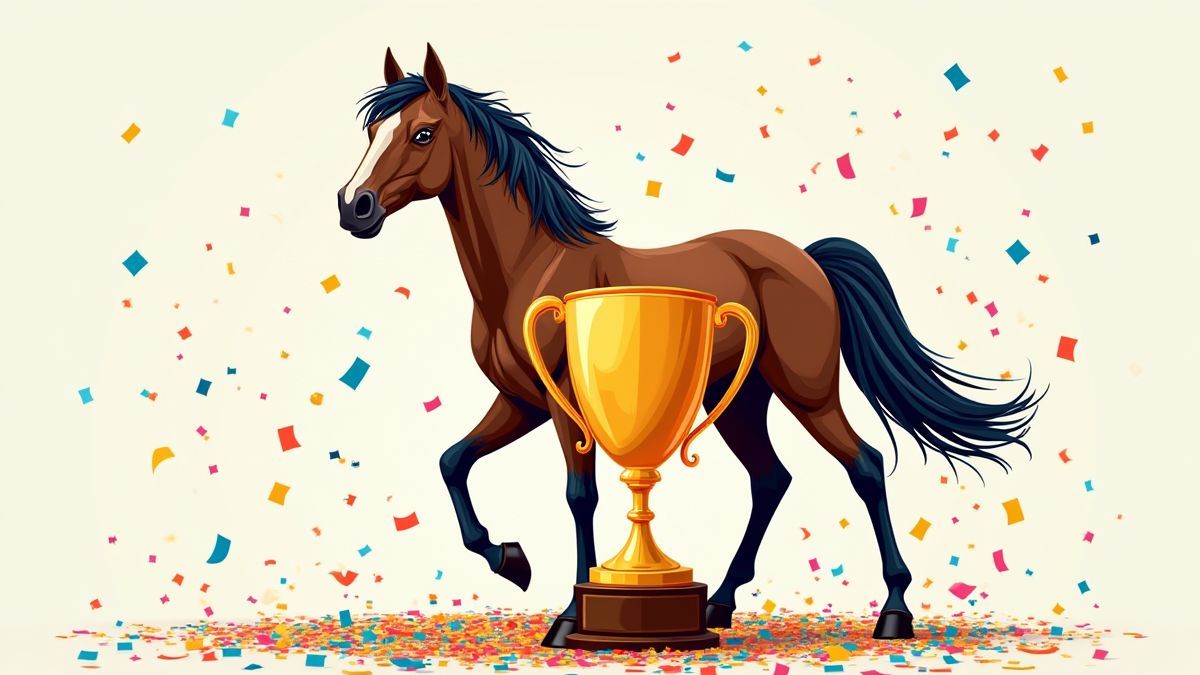 Paardentrofee omringd door levendig confetti.