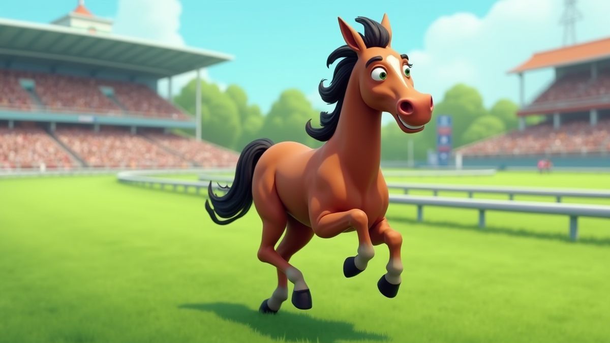 Geanimeerd paard dat galoppeert op een groene racebaan.