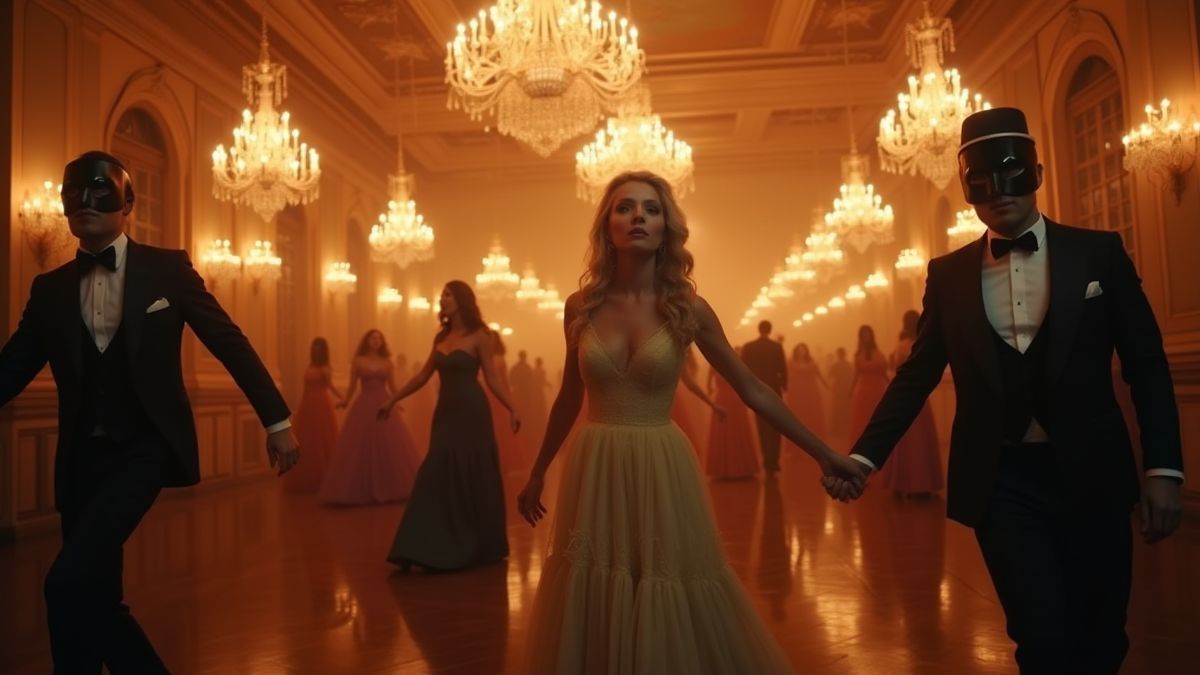 Salón de baile elegante con luces y personas enmascaradas.