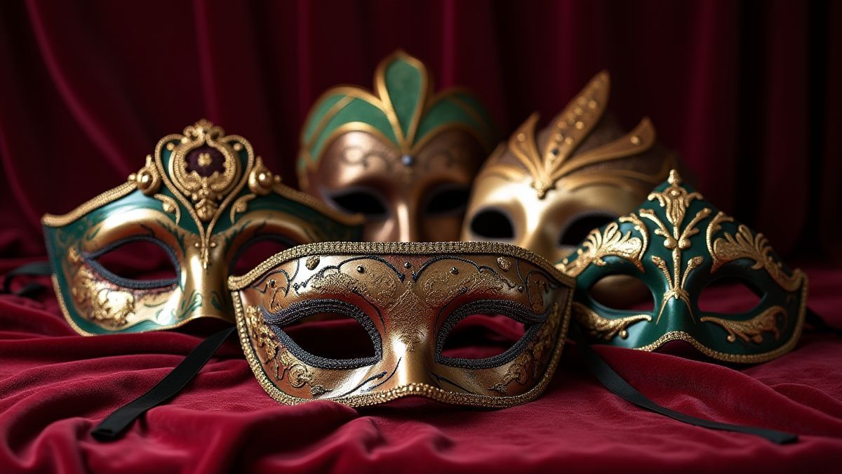 Máscaras elegantes sobre una mesa de terciopelo.