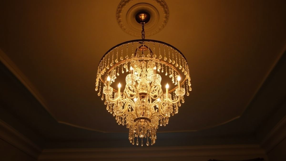 Candelabro iluminado en un salón de baile.