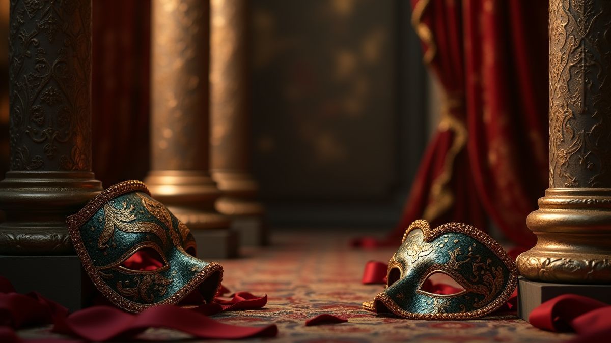 Een scène van een maskerbal met versierde zuilen en gouden maskers.