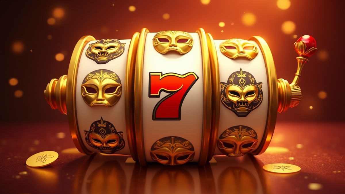 Gouden maskers die draaien op de rollen van de slot met een elegante achtergrond.