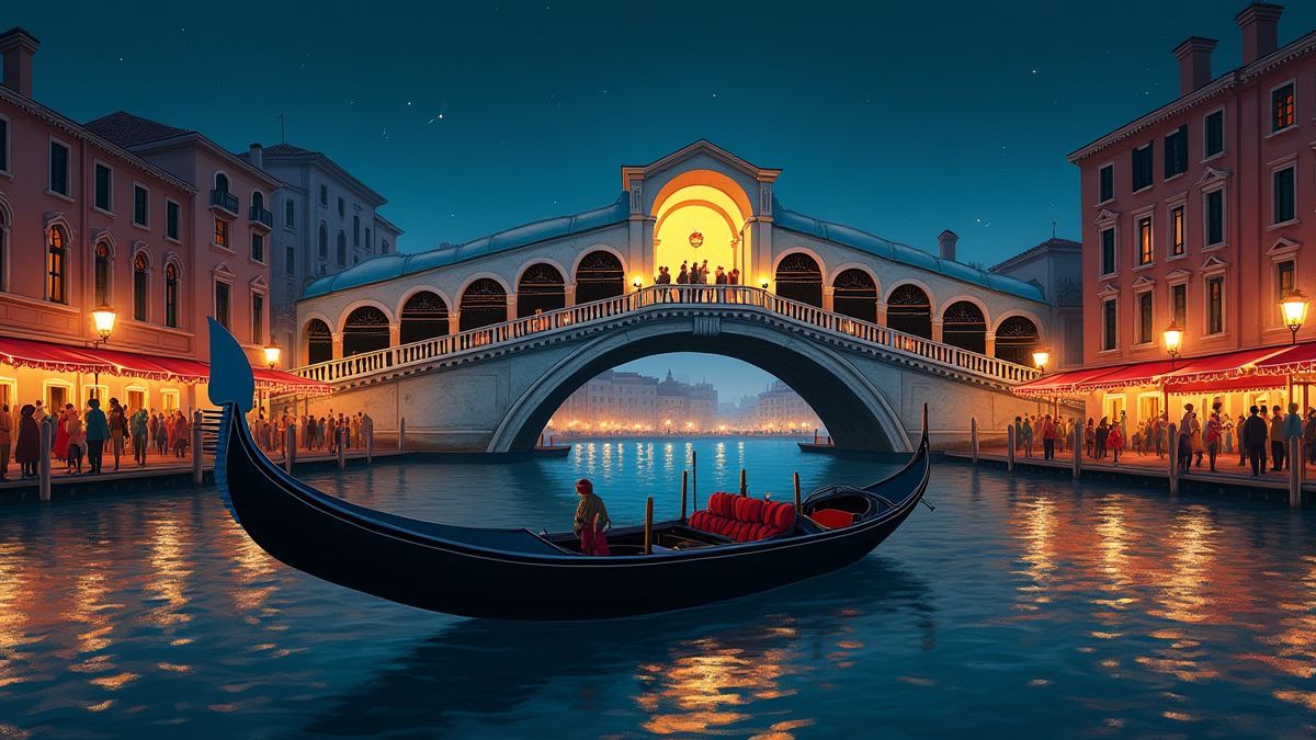 Eine venezianische Gondel unter einer Brücke während eines nächtlichen Karnevals.