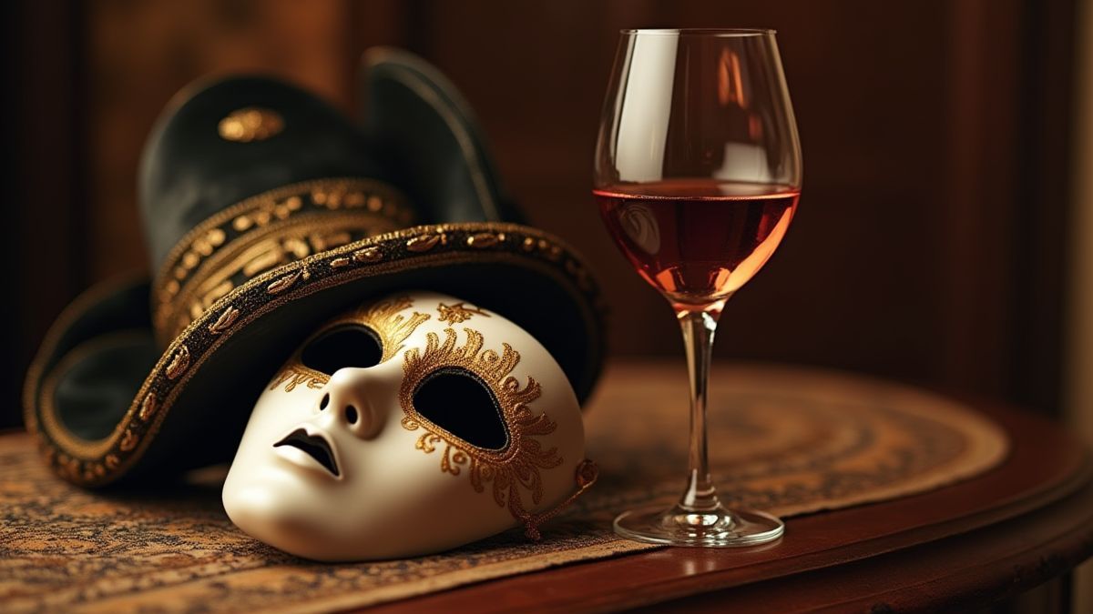 Eine venezianische Maske auf einem eleganten Tisch neben einem Glas Wein.