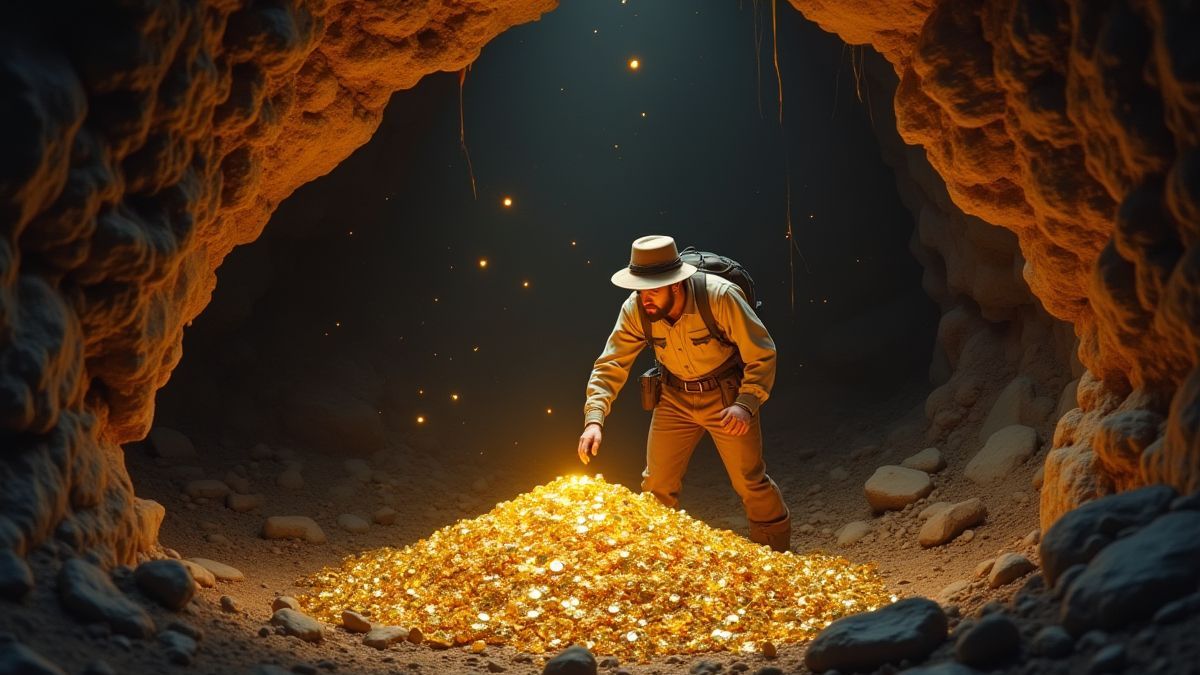 Caçador de tesouros descobrindo um montão de ouro em uma caverna.