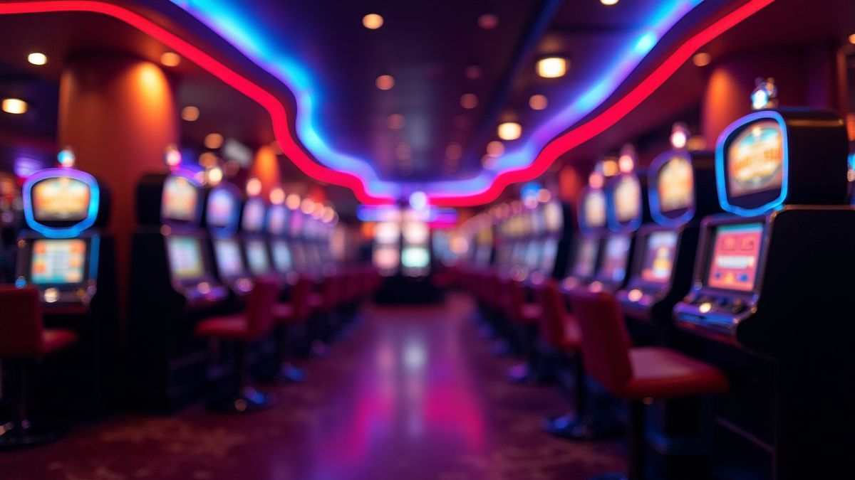 Un casino avec lumières de néon et symboles classiques des machines à sous.