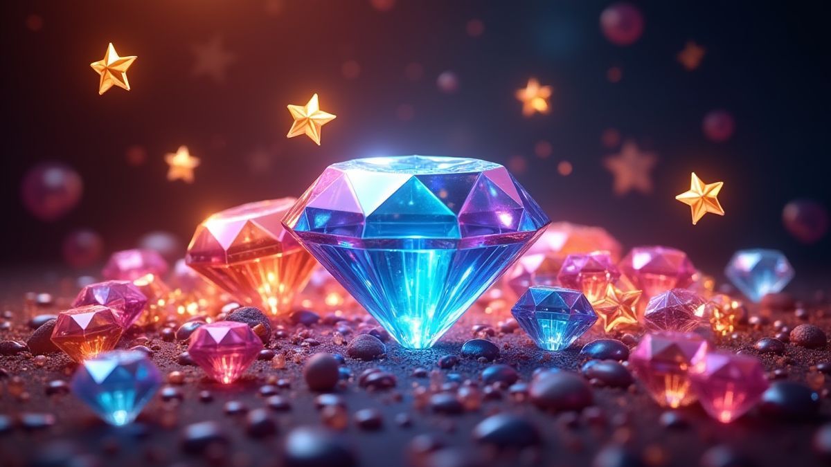 Diamants et étoiles brillants dans un environnement de casino avec multiplicateurs.