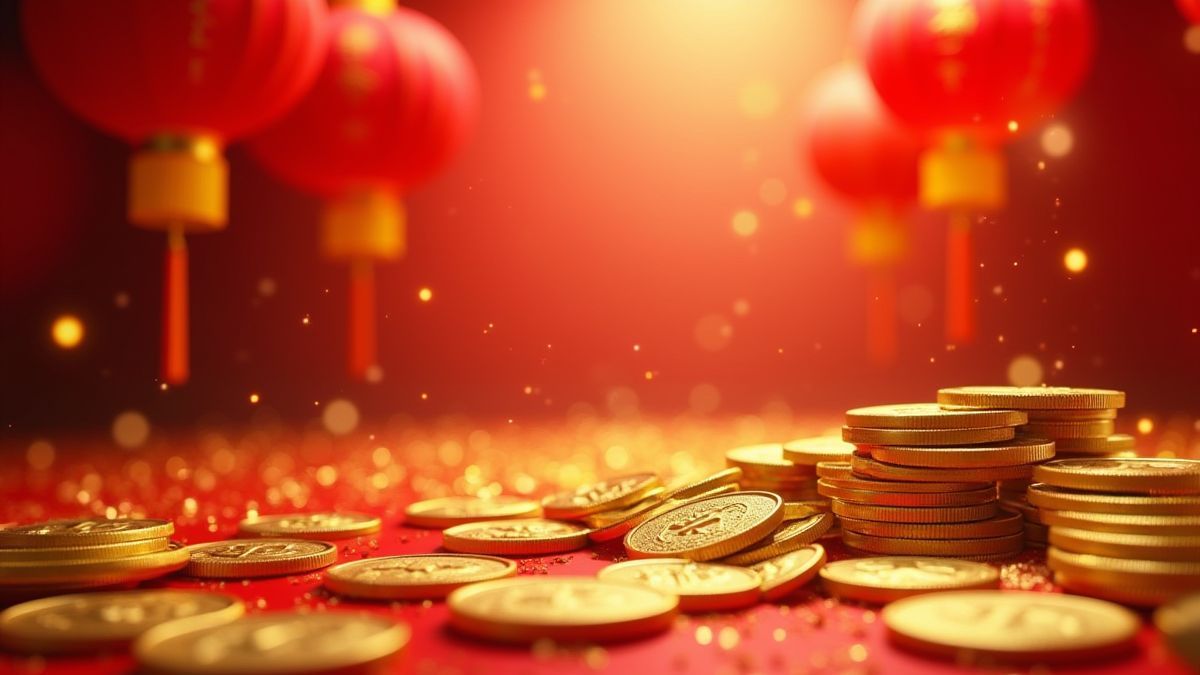 Escena con monedas doradas y farolillos rojos en un entorno chino tradicional.
