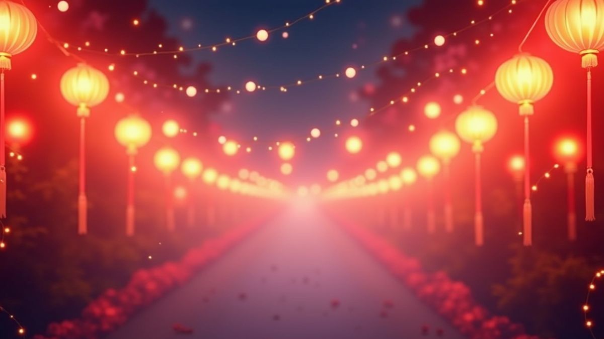 Fondo colorido con farolillos chinos y un ambiente festivo.