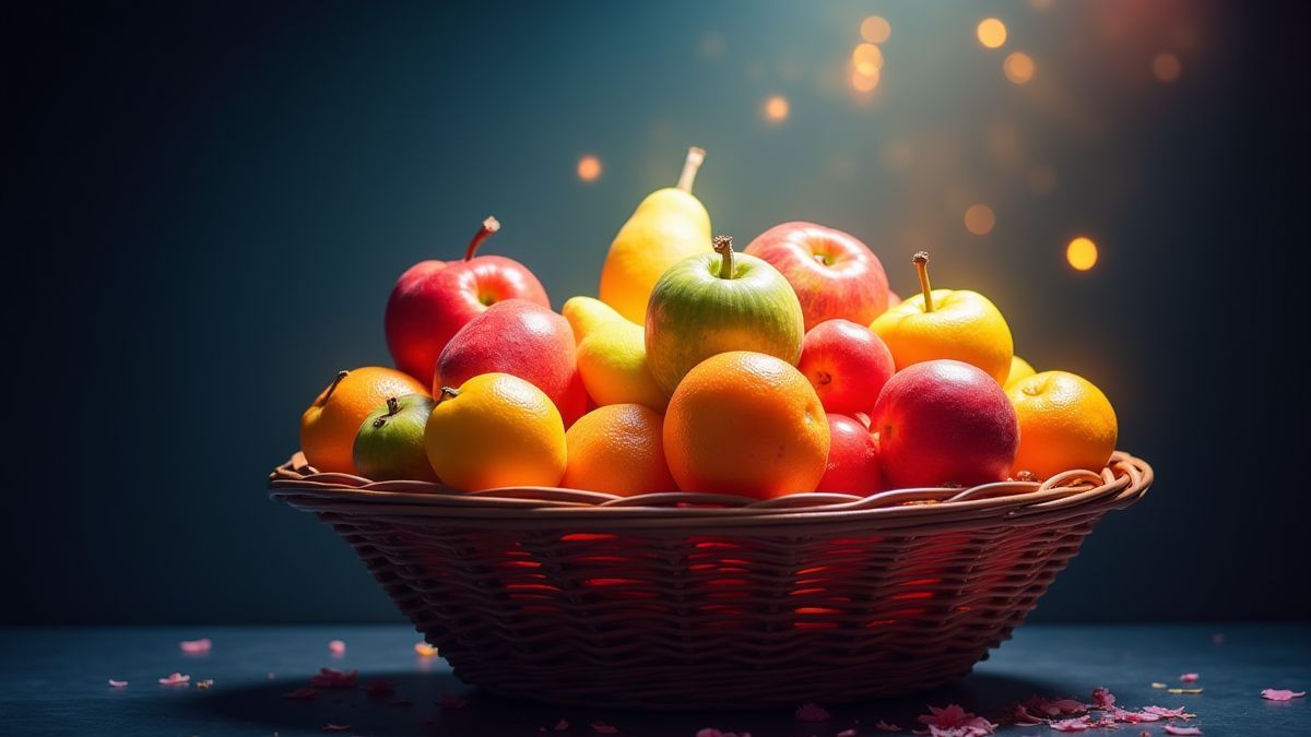 Frutas coloridas en un cesto bajo una luz brillante.