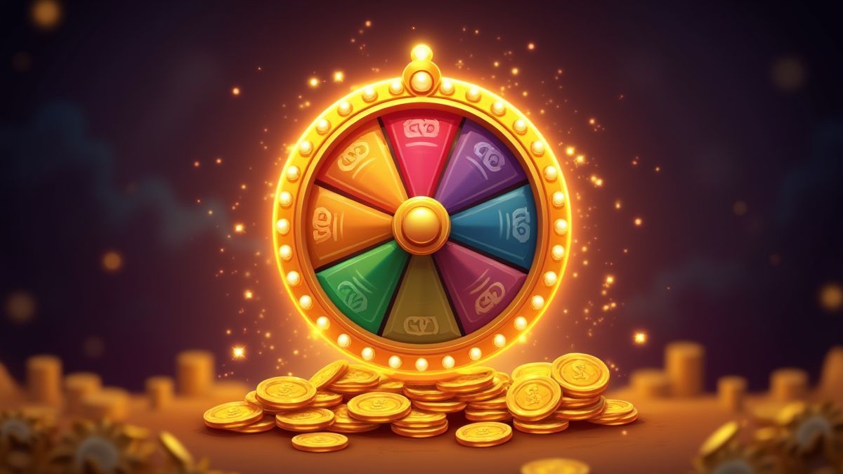 Rueda de multiplicadores brillante rodeada de destellos y monedas doradas.
