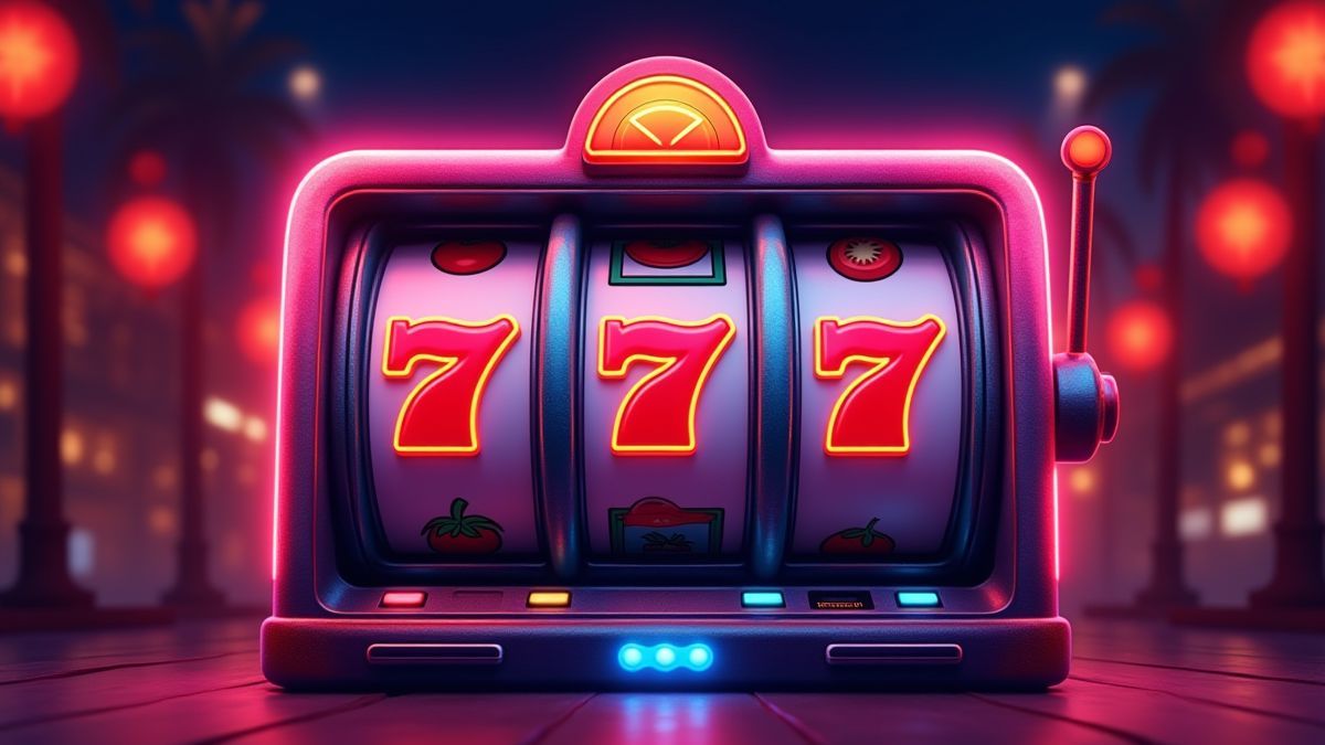 Diseño de slot retro con frutas coloridas y luces de neón.