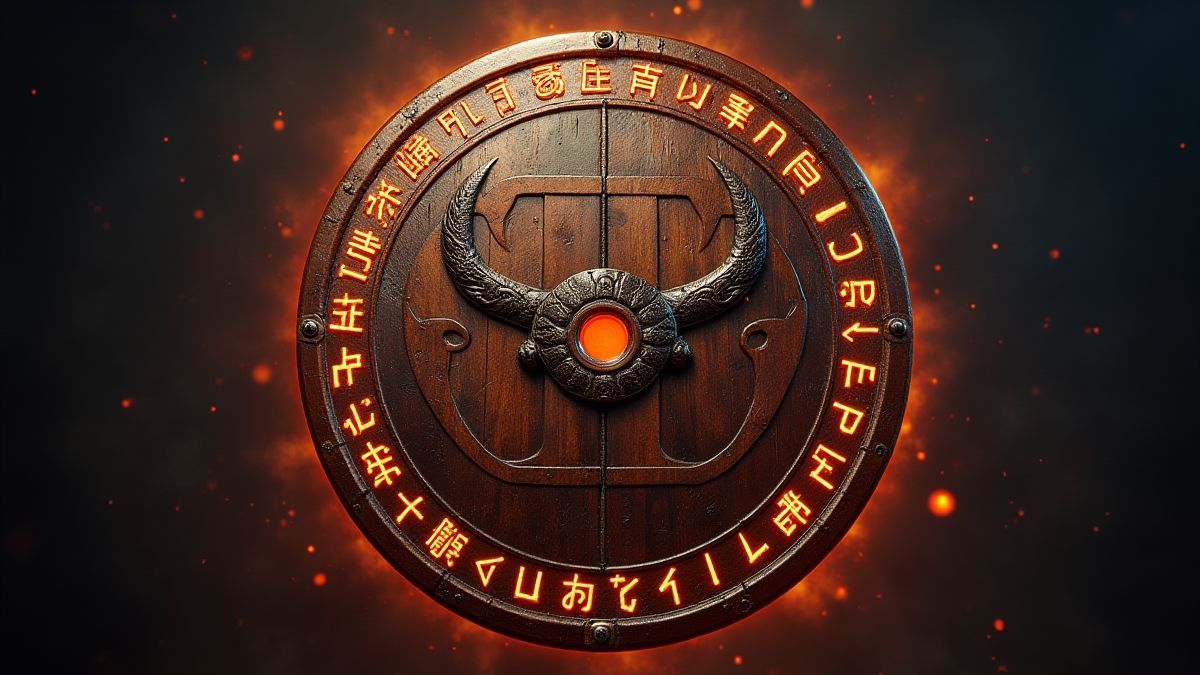 Escudo vikingo con runas brillantes.