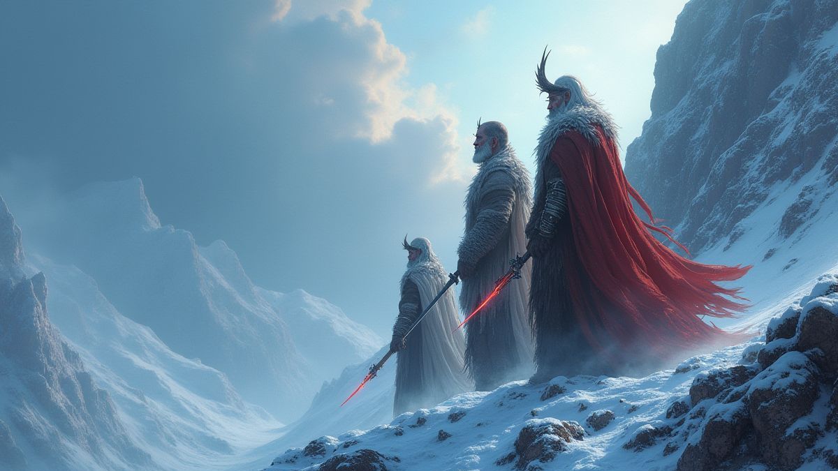 Dioses nórdicos en una montaña nevada con armas brillantes.