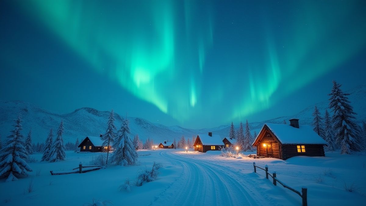 Pueblo vikingo bajo la nieve con auroras boreales en el cielo.