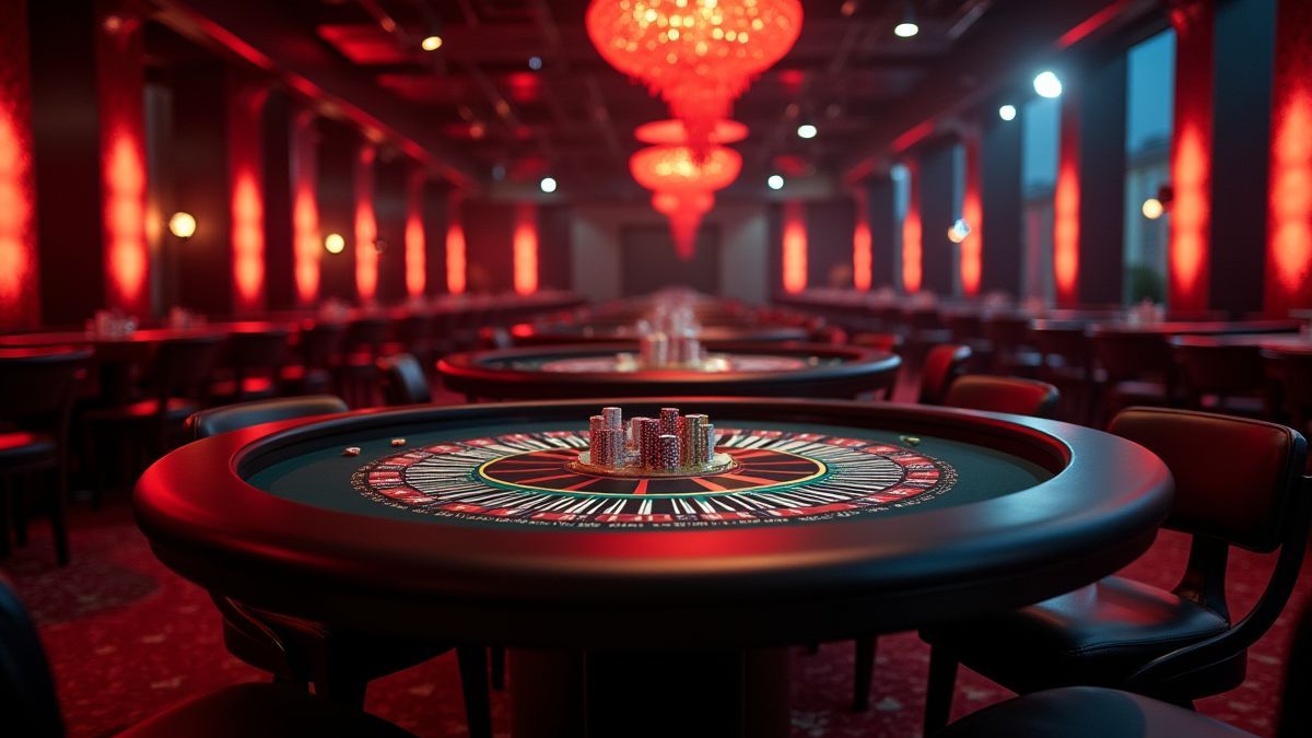Ein elegantes Casino mit Tischen und gedämpftem Licht.