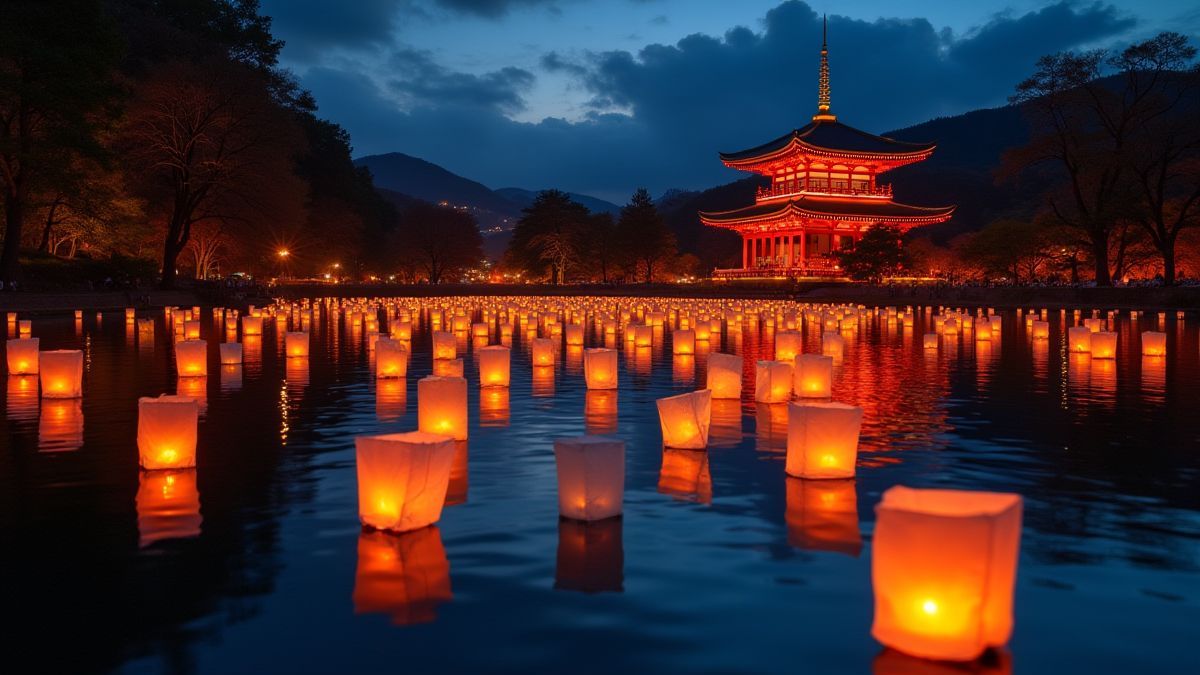 Drijvende lantaarns op een serene meer met een Japans festival op de achtergrond.