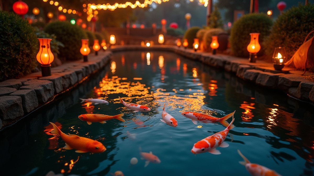 Koi-vijver omringd door festivallichten.