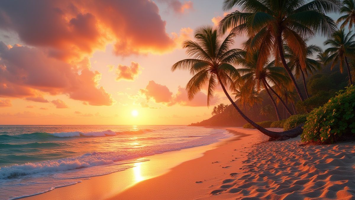 Hawaiiaans strand met palmbomen en een lucht bij zonsondergang.
