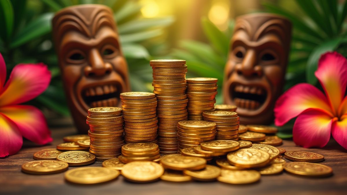 Stapel gouden munten omringd door tropische bloemen en tiki-maskers.