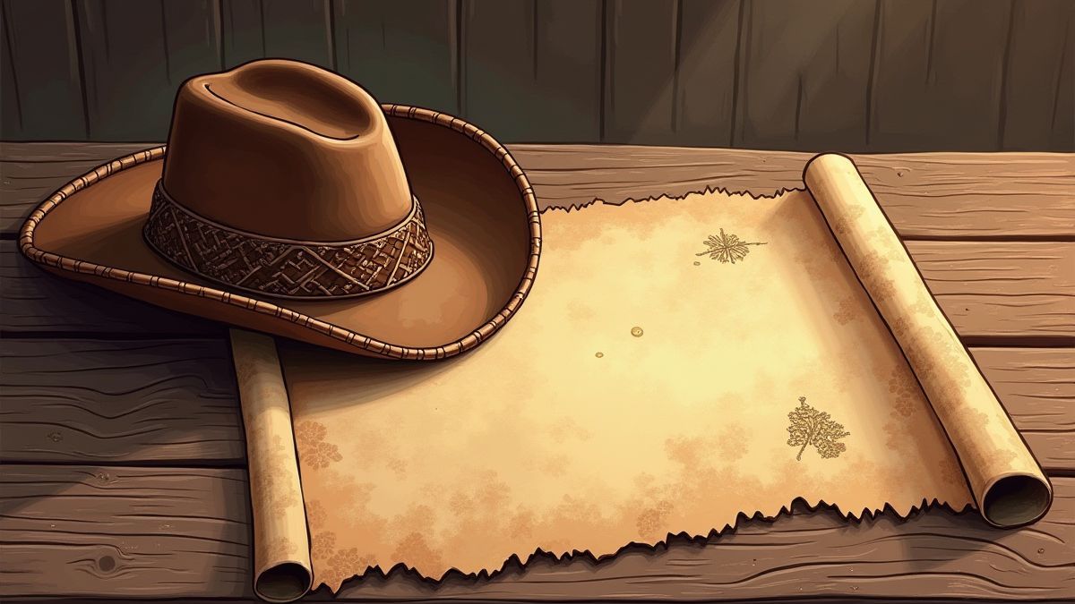 Ein Cowboyhut und eine Schatzkarte auf einem Holztisch.