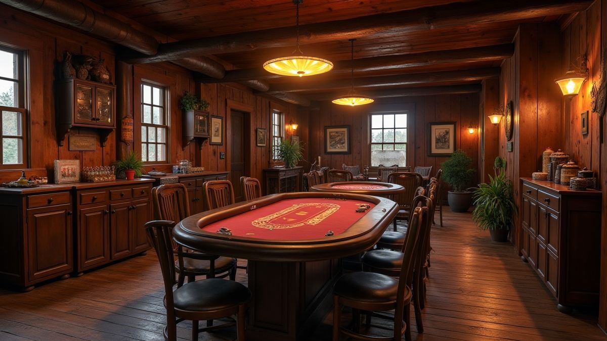 Innenansicht eines Westernsalons mit Holzmöbeln und einem Pokertisch.