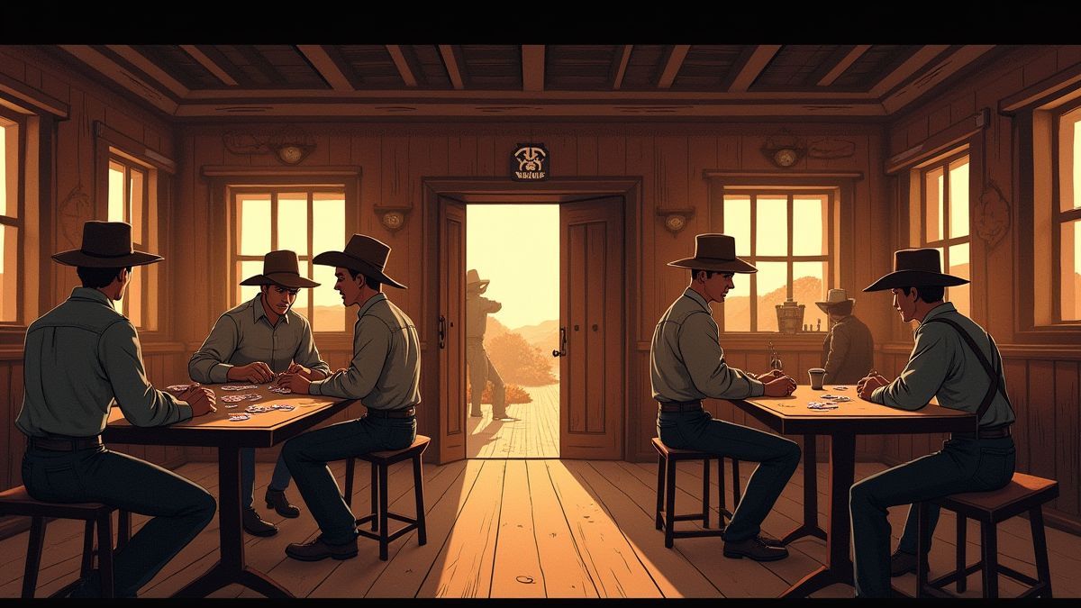 Interieur eines Salons im Wilden Westen mit Holztischen und Cowboys, die Poker spielen.