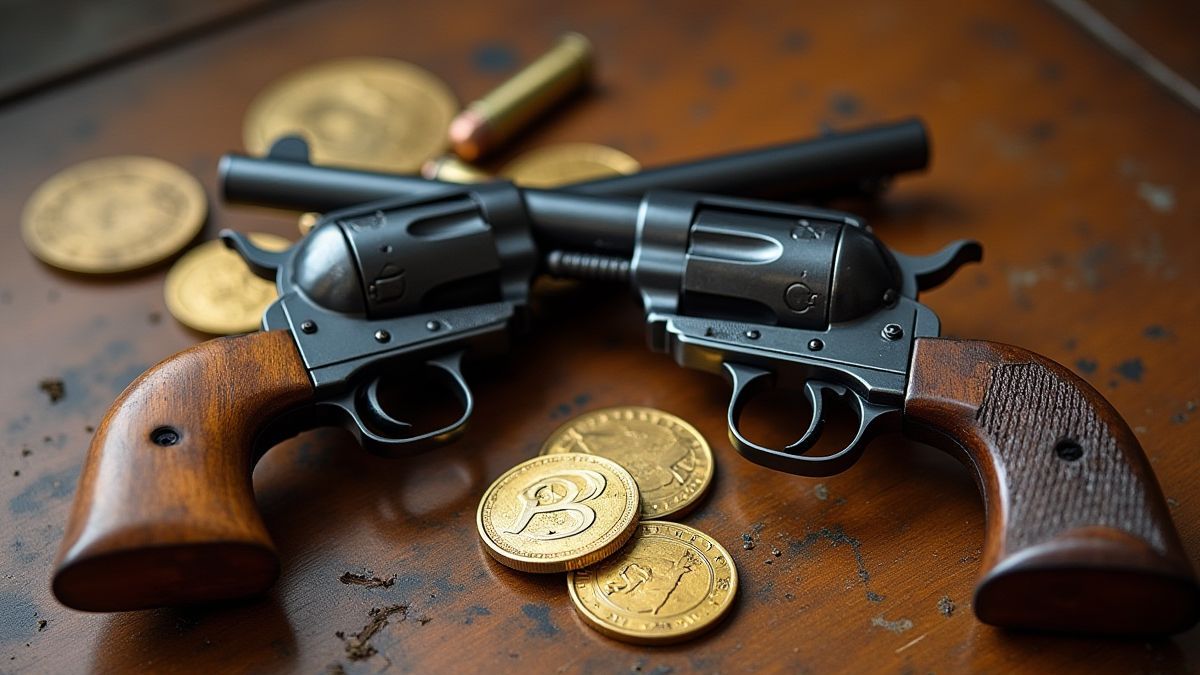 Zwei gekreuzte Revolver auf einem alten Holztisch, umgeben von Goldmünzen und Kugeln.