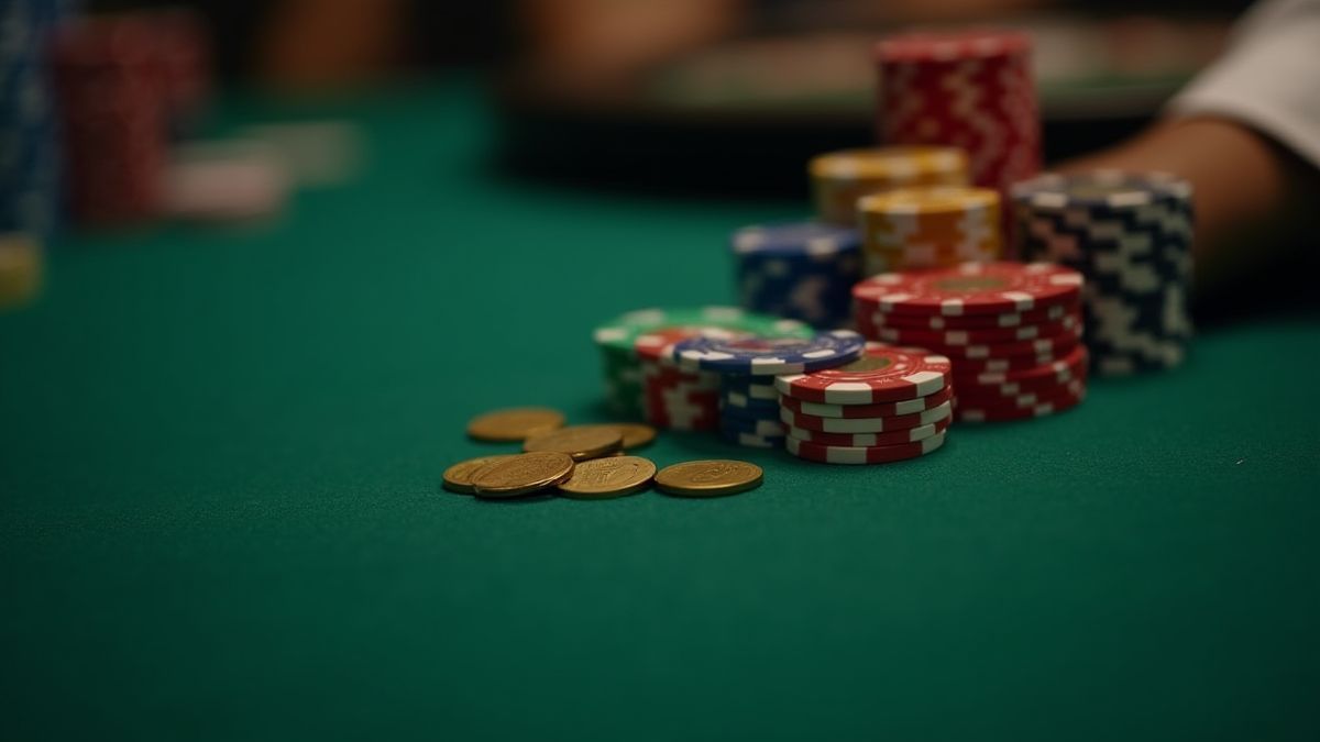 Fichas de cassino e moedas em mesa de apostas