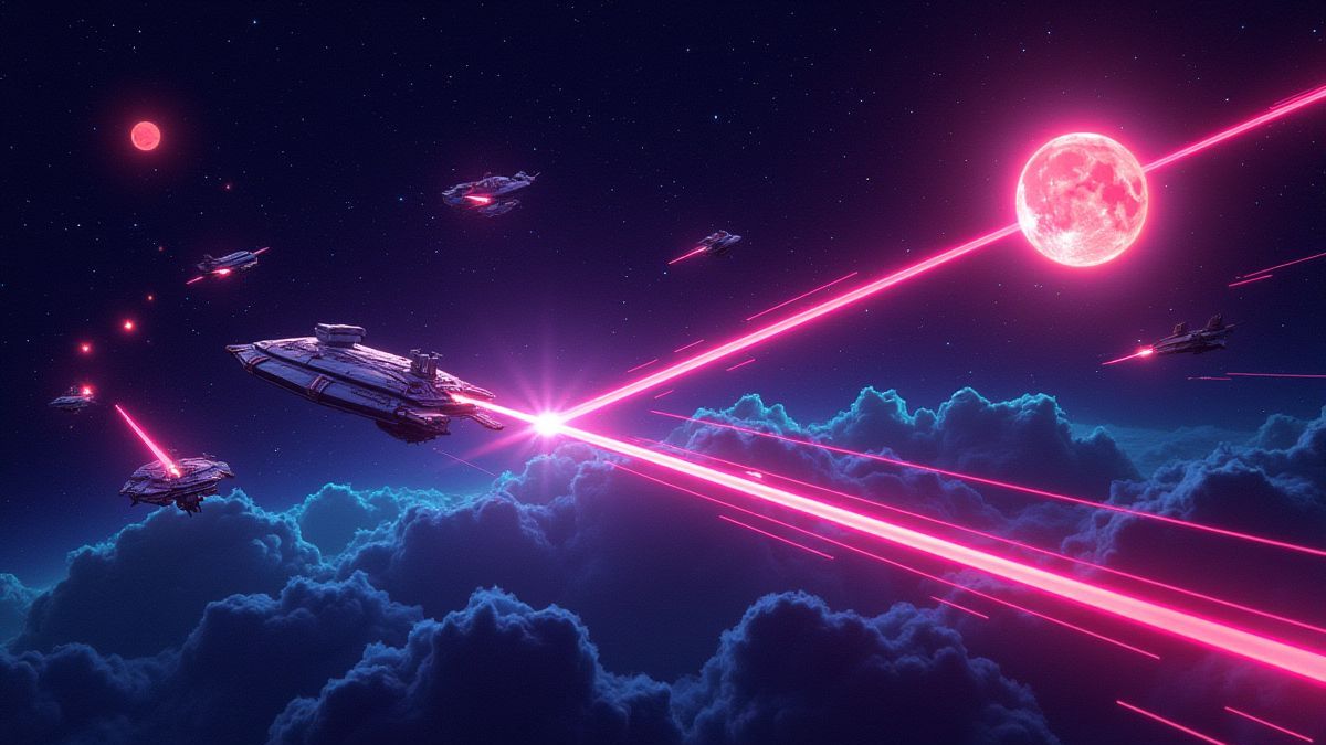 Gráficos arcade retro con naves espaciales y láseres en el espacio.
