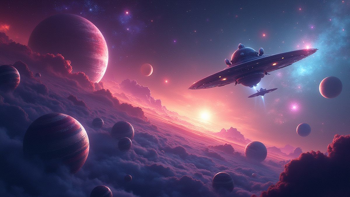 Galaxia vibrante con planetas coloridos y naves alienígenas.
