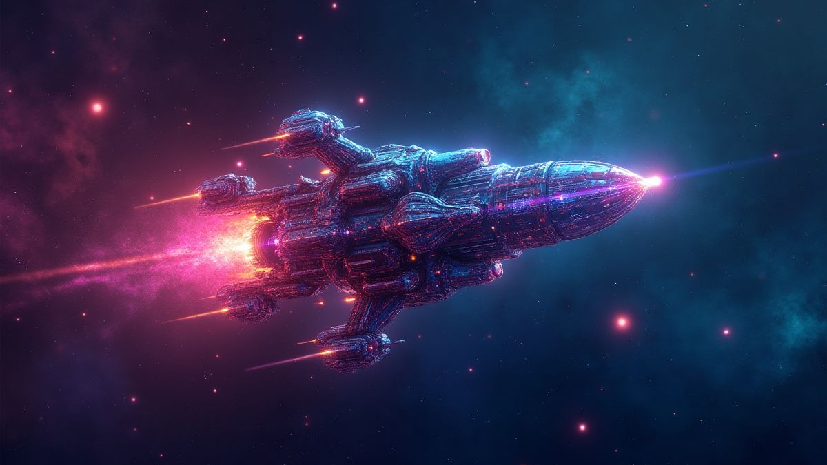 Alien Raumschiff umgeben von Sternen und Galaxien.