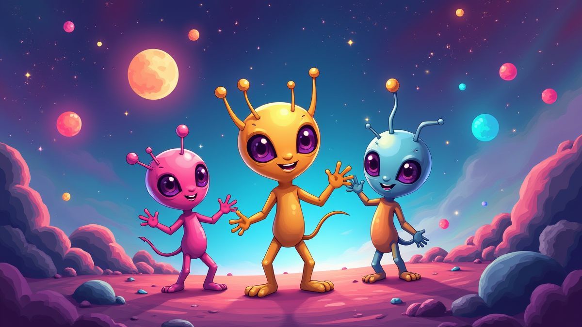 Cartoon-Aliens spielen in einer bunten Galaxie.