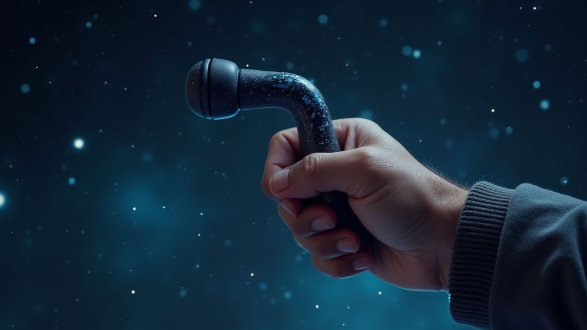 Hand, die einen Raumschiff-Joystick mit Sternen im Hintergrund hält.