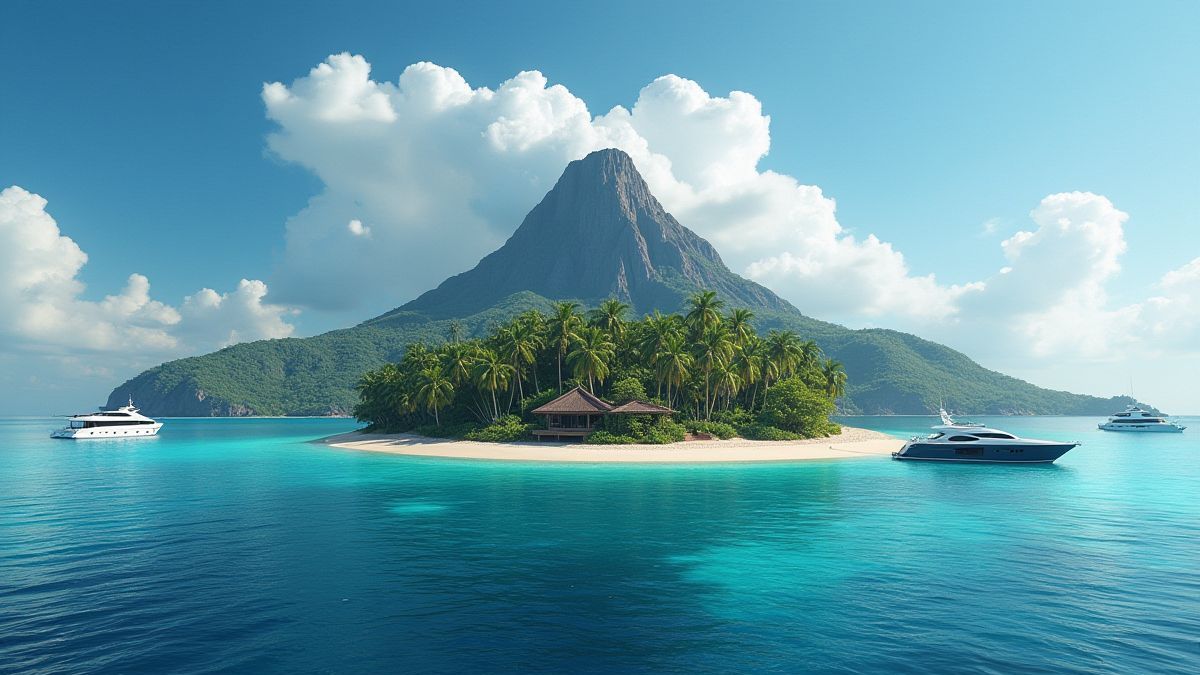 Una isla tropical con un volcán oculto y yates de lujo en el fondo.