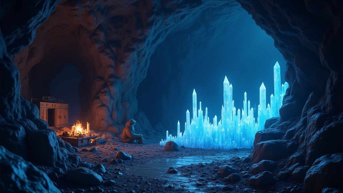 Leuchtende Kristallhöhle mit verstreutem Minenwerkzeug.