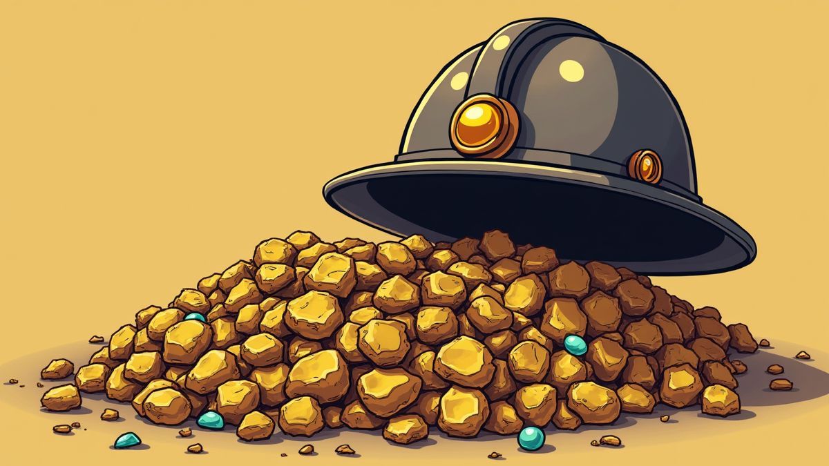 Miners Helm neben Gold und Edelsteinen.