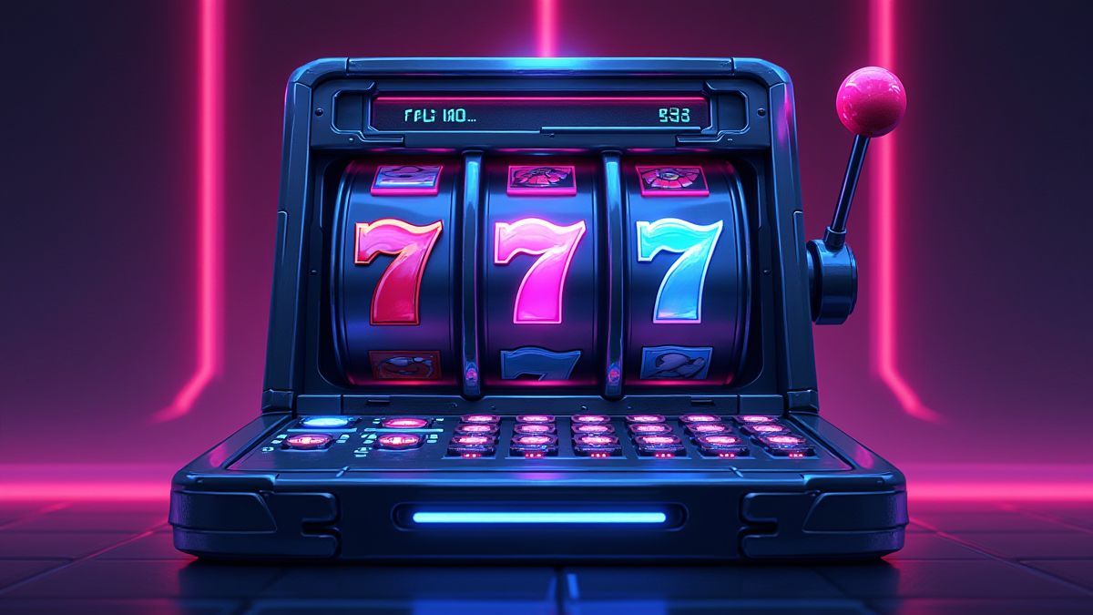 A futuristic slot machine with glowing buttons and neon lights.