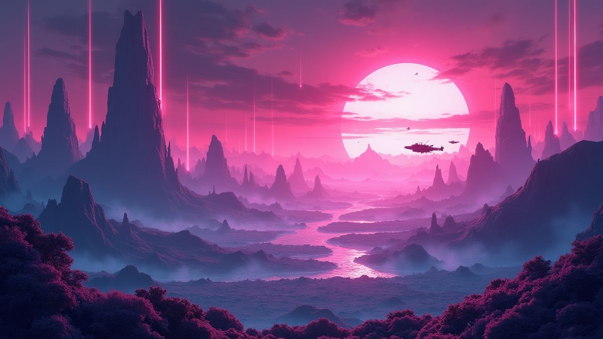 Paysage futuriste illuminé avec des lumières néon et des véhicules volants.