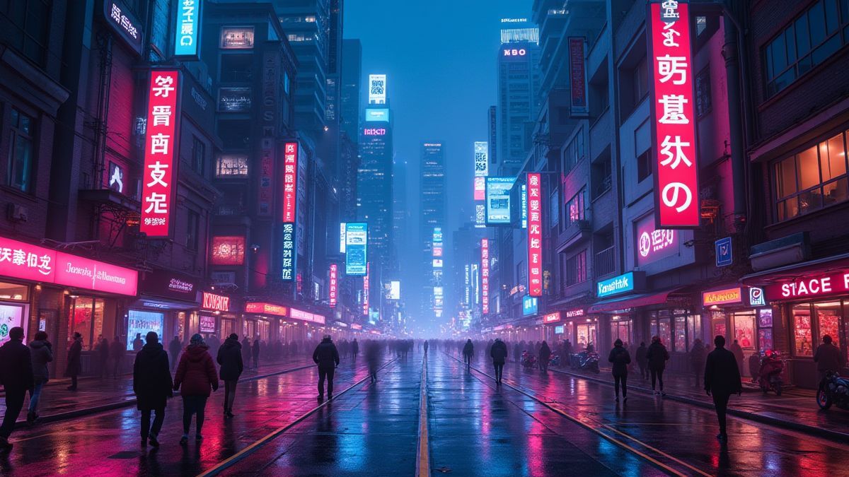 Rues de ville illuminées avec des lumières néon et une activité futuriste.